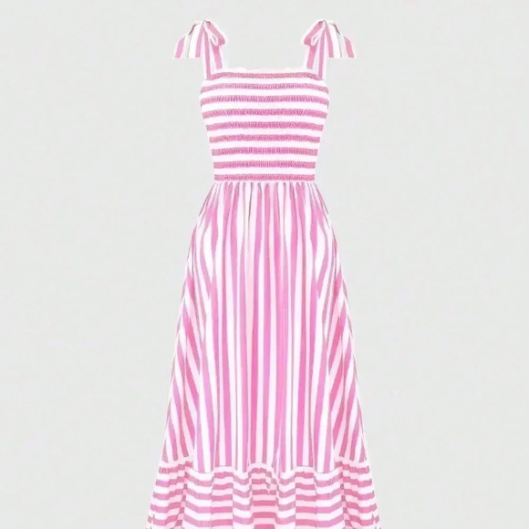 Pink Boho Women's Shoulder Strap Chest Gathered Striped Dress - Picture 3 of 5
